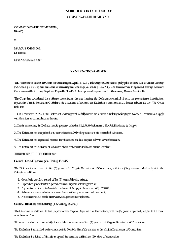 CRIMINAL SENTENCING ORDER – Case No. 2025-CR-7447