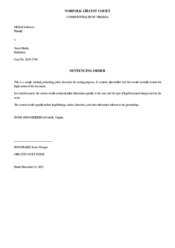 CRIMINAL SENTENCING ORDER – Case No. 2025-CR-4049