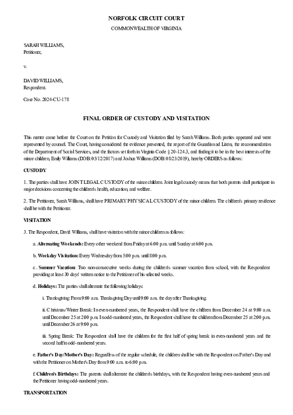 CUSTODY ORDER – Case No. 2025-CU-4295