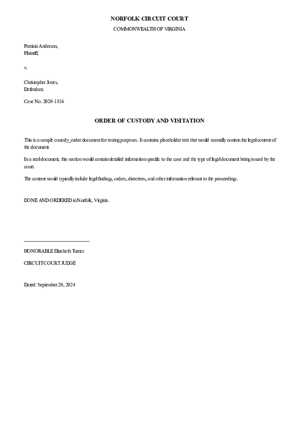 CUSTODY ORDER – Case No. 2025-CU-7062