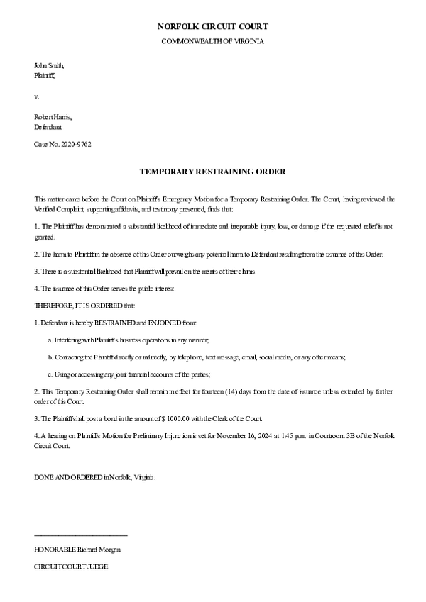 TEMPORARY RESTRAINING ORDER – Case No. 2025-TR-2107