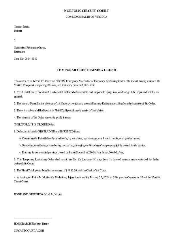 TEMPORARY RESTRAINING ORDER – Case No. 2025-TR-2450